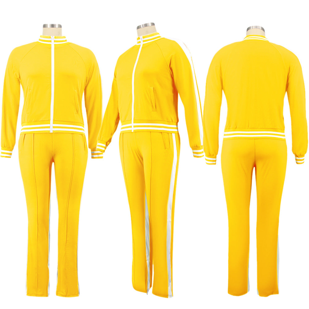 Women Off Shoulder Zipper Long Sleeve Top and Pant Sport Two-Piece Set 23