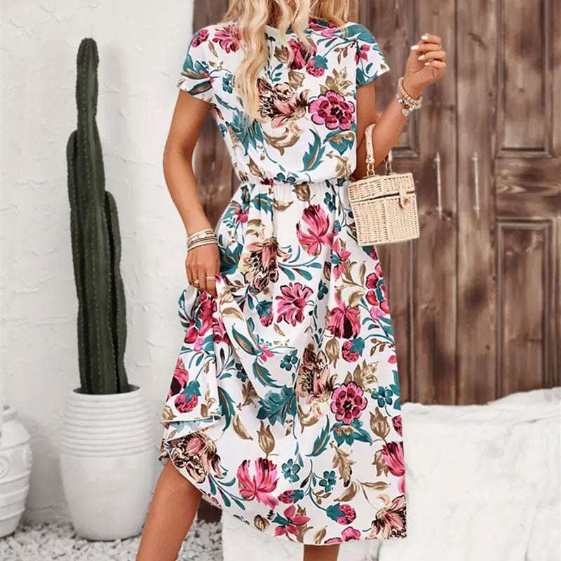 Women's Flower Print Loose Stand Collar Short Sleeve Spring and Summer Midi SDress
