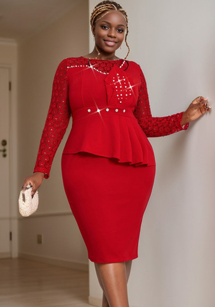 Lace Patchwork Round Neck Long Sleeve Bodycon Chic Beaded Formal Party Dress