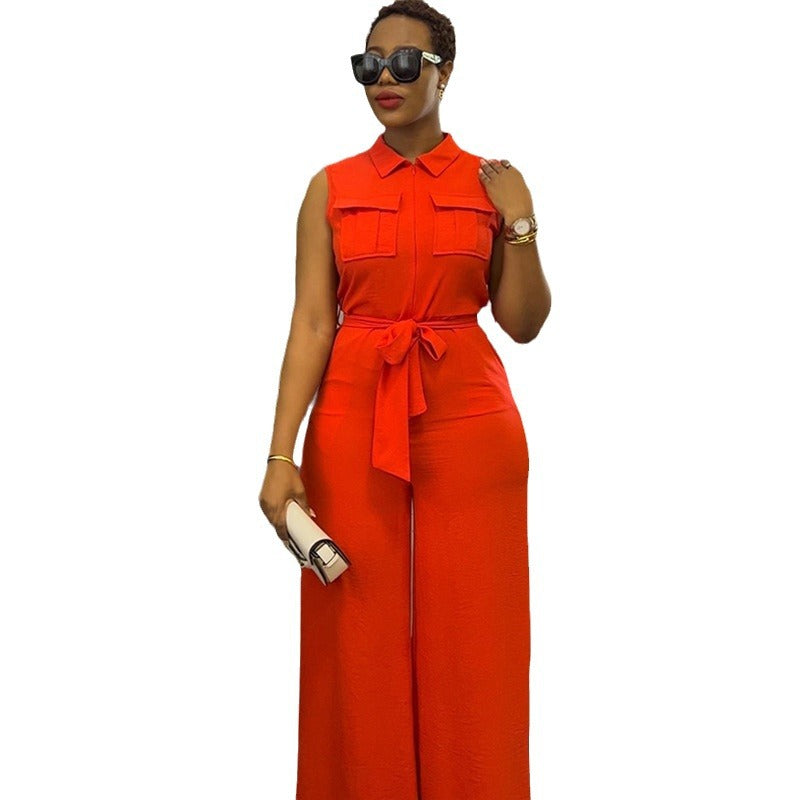 Women's Winter And Spring Turndown Collar Pocket Slim Waist Loose Wide Leg Sleeveless Jumpsuit 6