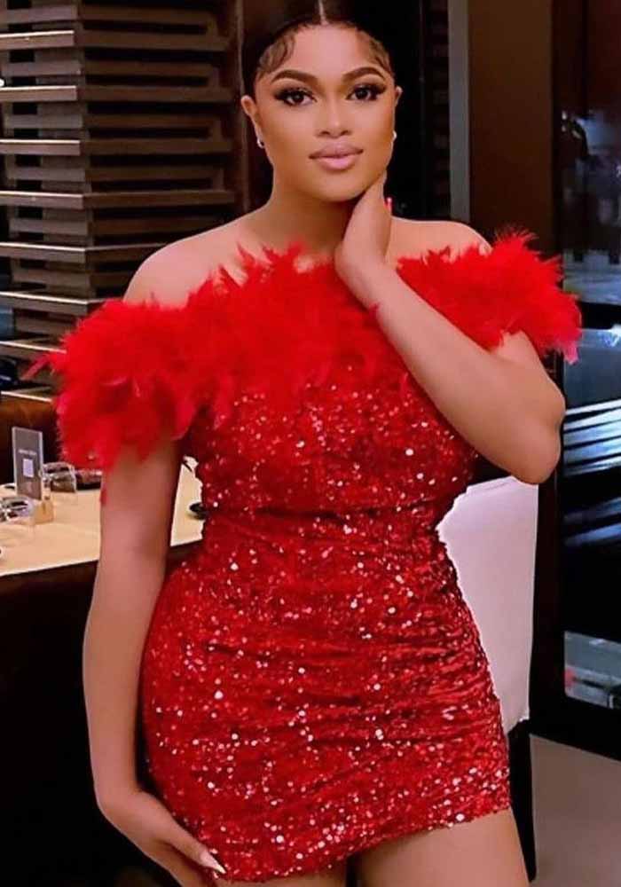 Sexy Sequin Feather Off Shoulder Bodycon Dress