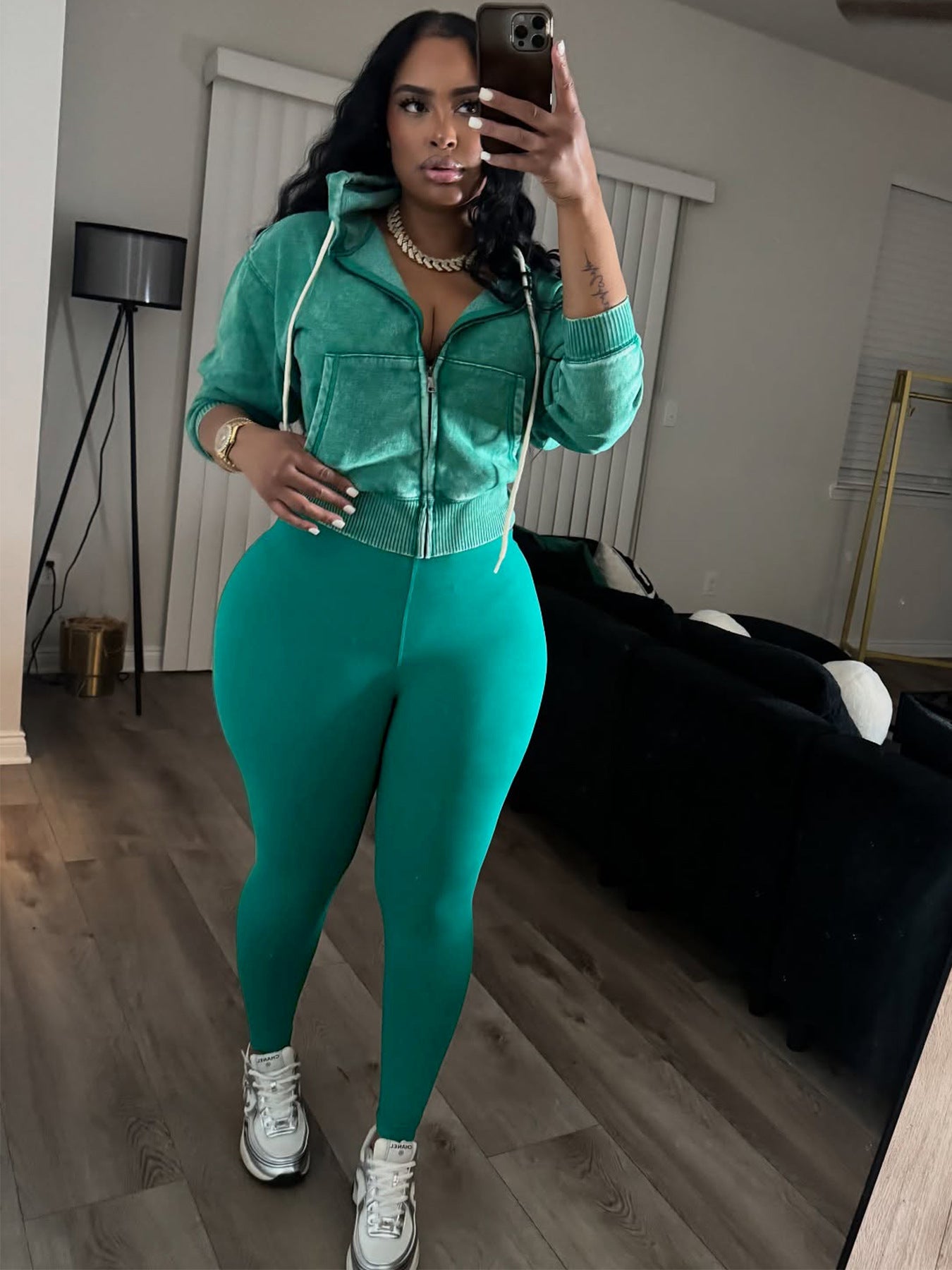 Fashion Women's Washed Zipper Hooded Top Yoga Pants Sport Casual Two-Piece Set 38