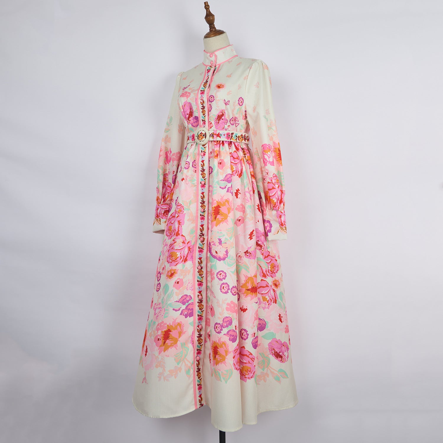 Fashion Chic Women's Spring & Autumn Long Sleeve Print Single-Breasted Slim Waist Long Dress With Belt 9