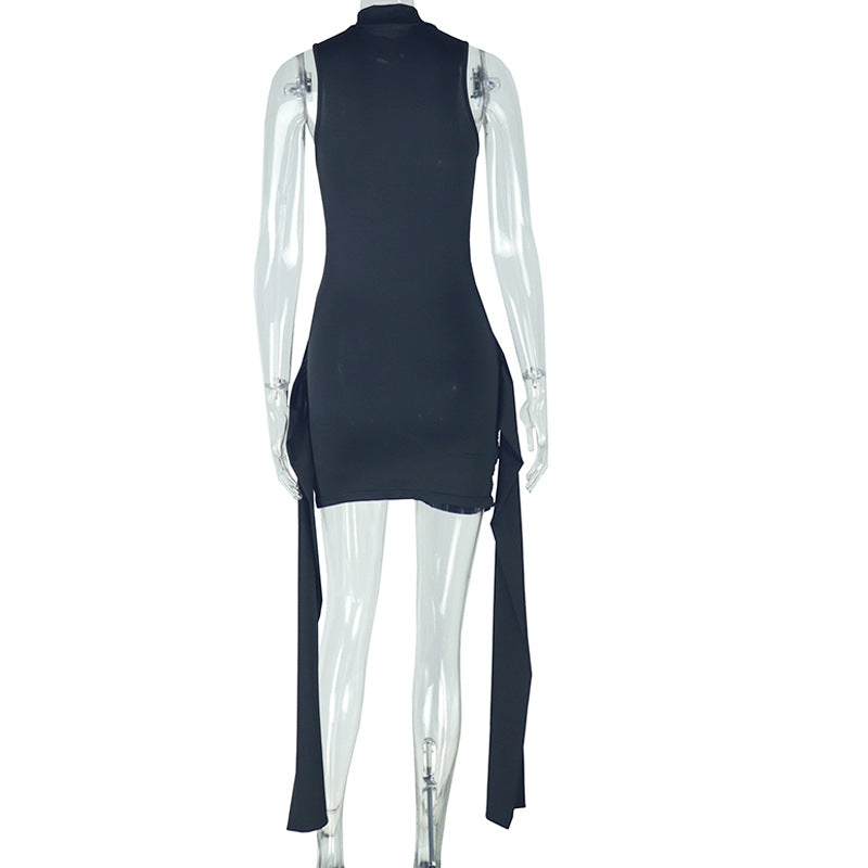 Fashion Women's Pleated Patchwork Lace-Up Slim Casual Solid Color Stand Collar Short Bodycon Dress 9