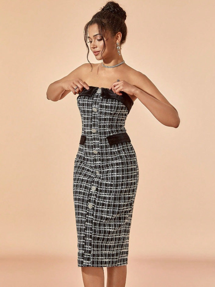 Women Strapless plaid button Career Bodycon elegant Maxi Dress 4