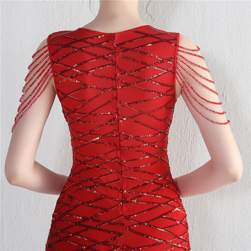 Decorative Crystal Diamond Chain Sequin Embroidery Stripe Positioning Flower Dinner Ceremony Long Evening Dress 19