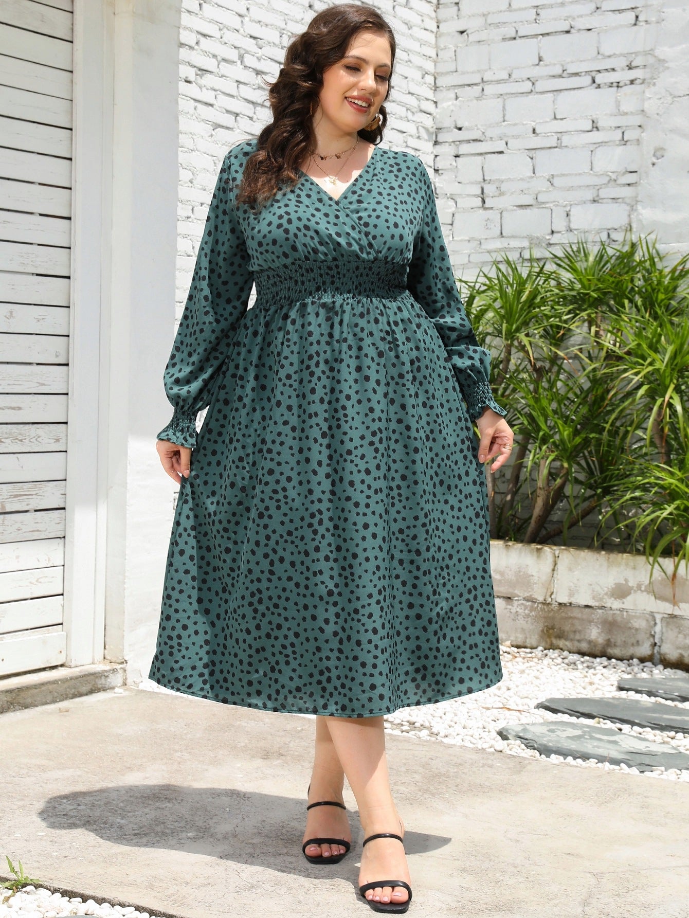 Fall Plus Size Dress Women's Printed V Neck Slim Waist Maxi Dress 8