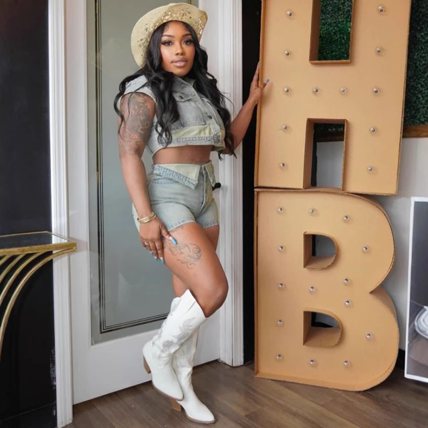 Women Casual Washed Colorblock Short Sleeve Top Turned Denim Shorts Two-piece Set