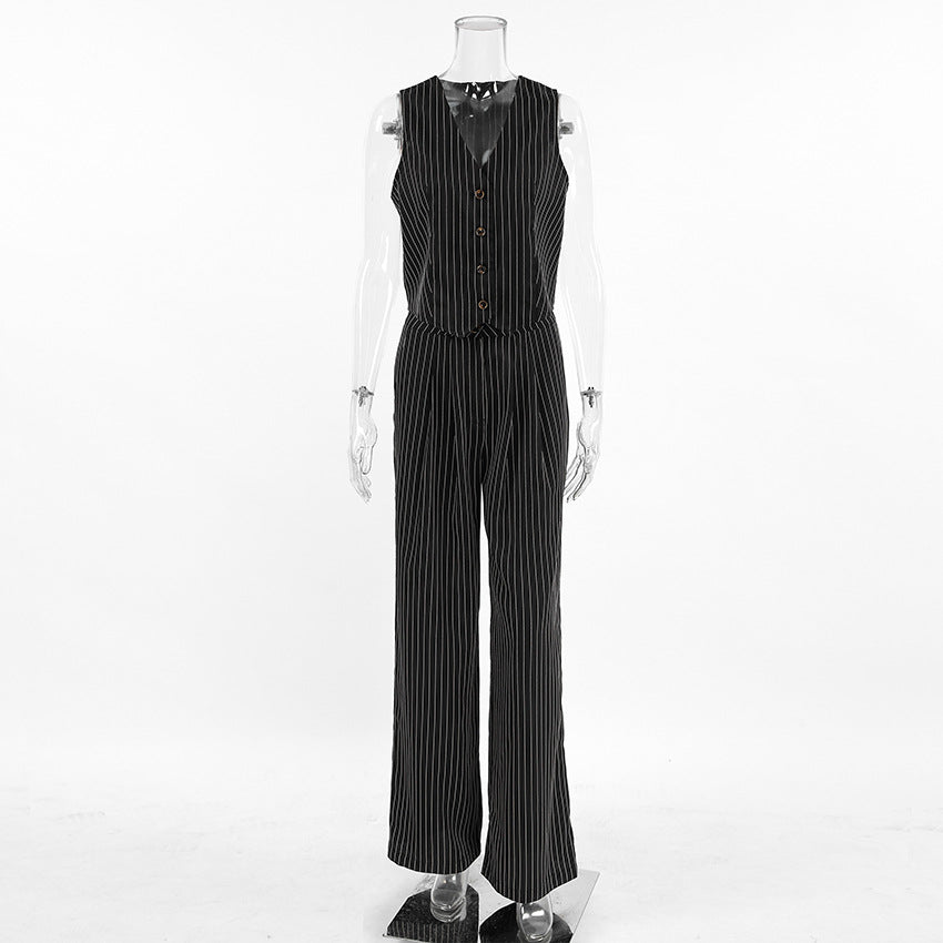 Summer Black And White Striped Chic Career Sleeveless Vest Pants Fashion Two-Piece Set 7