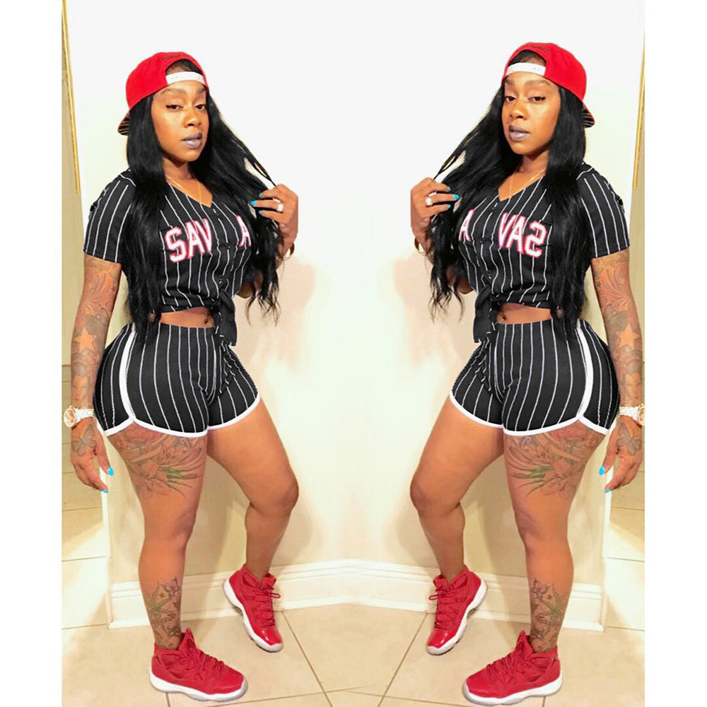 Women Sexy Women Striped Letter Baseball Top and Skirt Two-piece Set 5