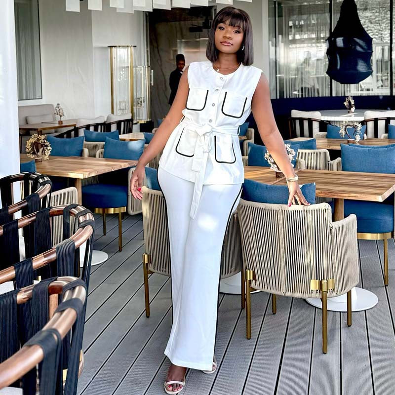 Contrast Color Pocket Chic Elegant Belt Vest & Pants African Women's Two-Piece Set 4
