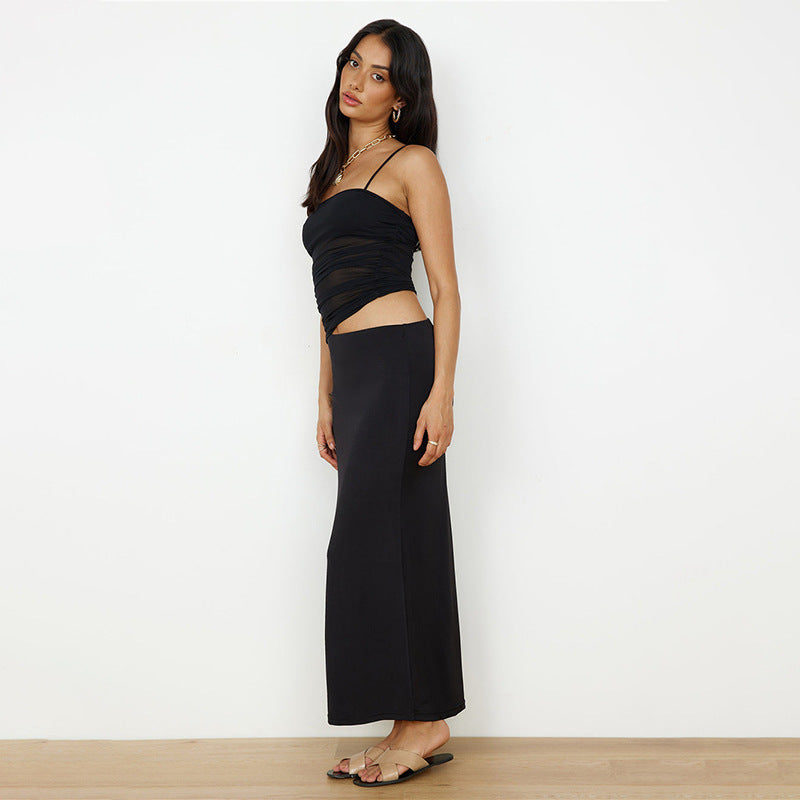 Women's summer Casual sleeveless pleated Strap top slim long skirt two piece set for women 5