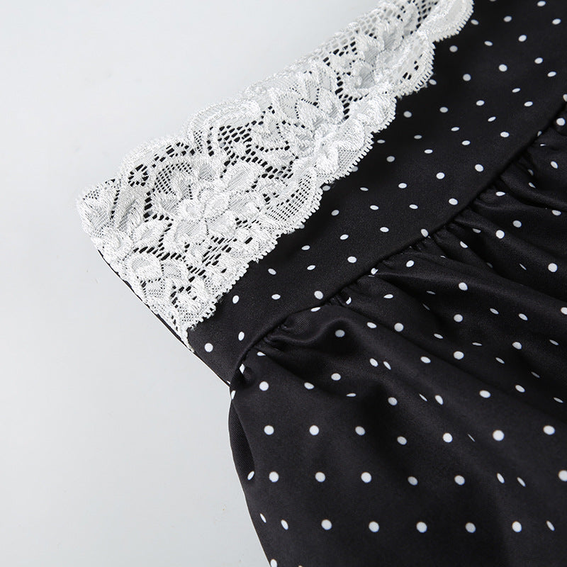 Women Summer French Lace Polka Dot Contrast Flower Bud Mini Dress 27