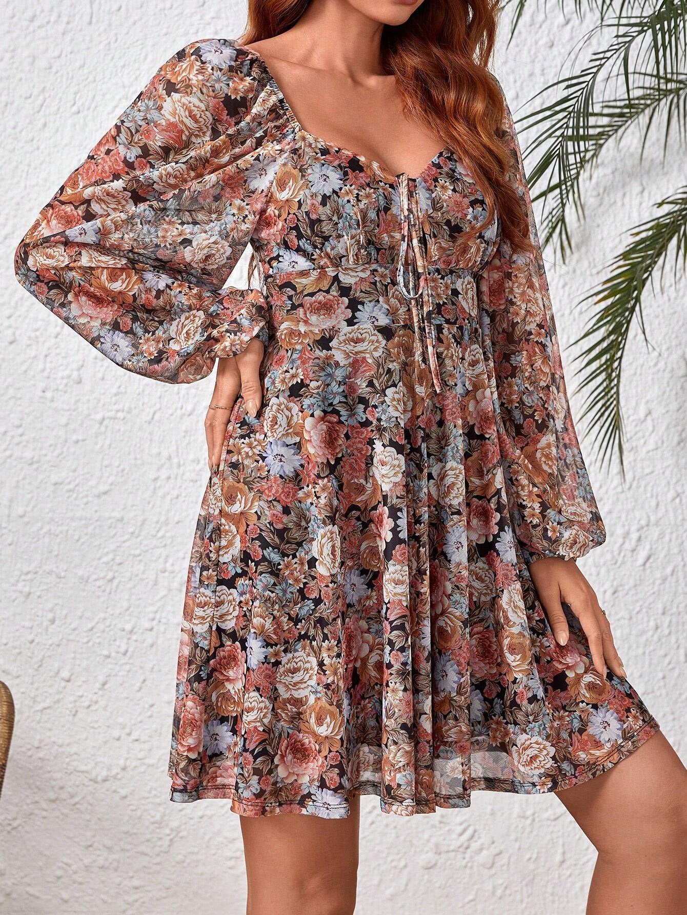 Women's Printed Puff Sleeve V-Neck Autumn Long Sleeve Dress 5