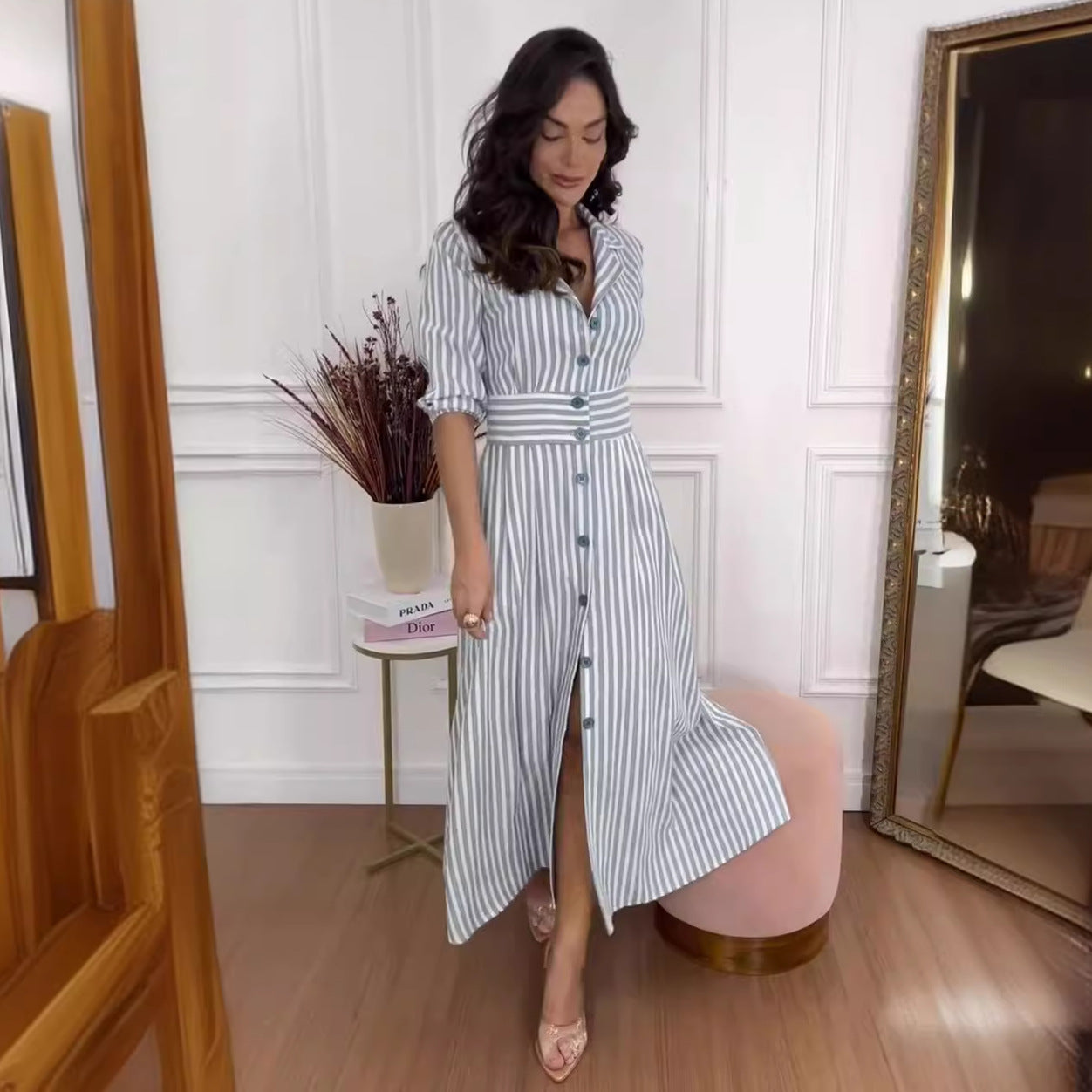 Summer Fashion Stripe Print Elegant Chic Shirt Dress 3