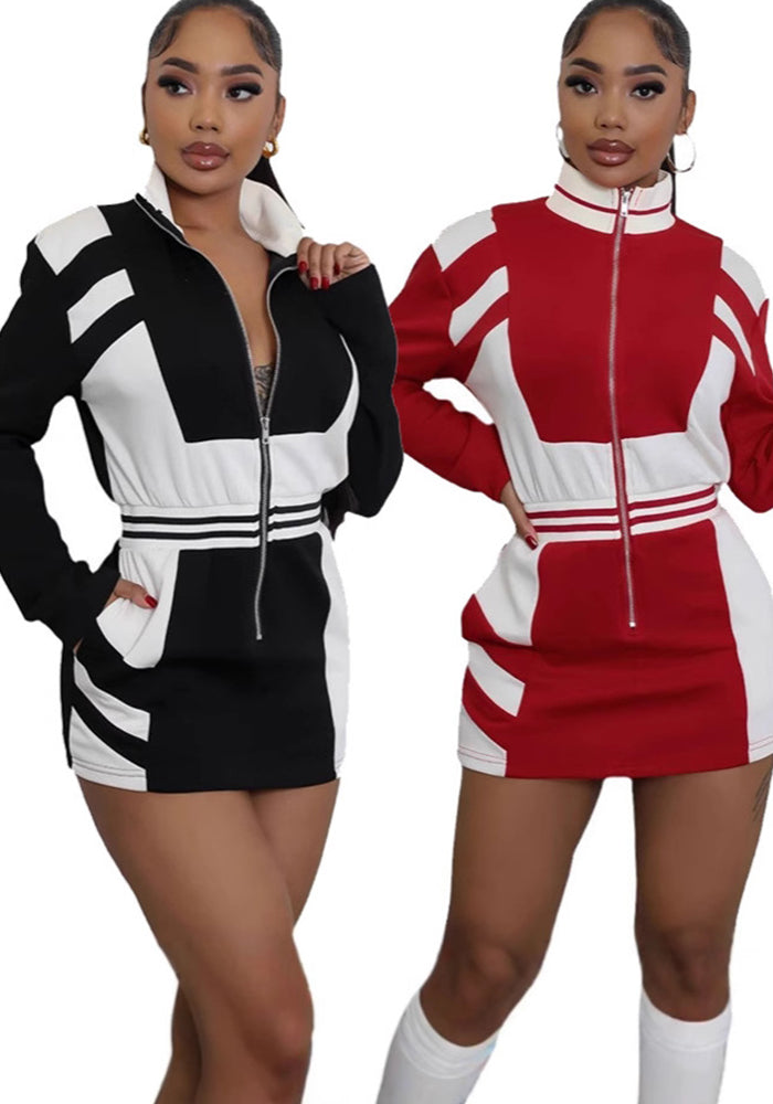 Women Casual Color-blocked Zipper Long Sleeve Dress