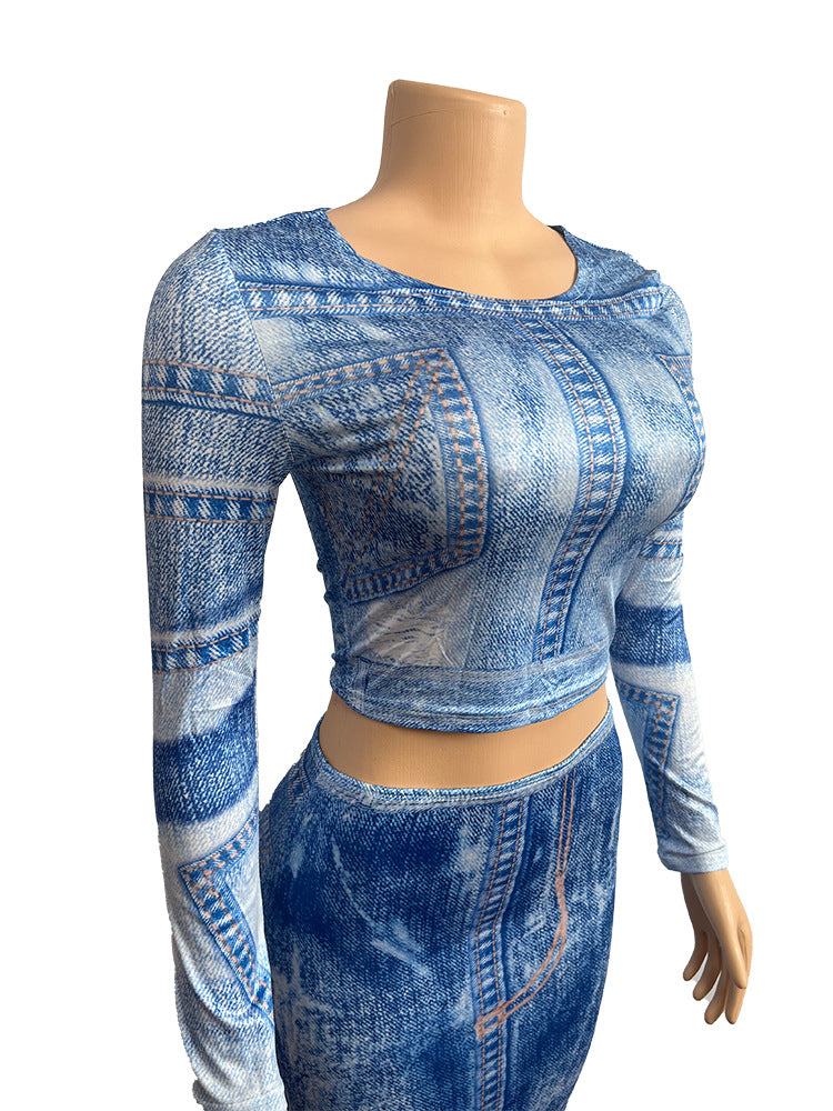Women Fall Denim Print Round Neck Long Sleeve Top and Skirt Two-piece Set 7