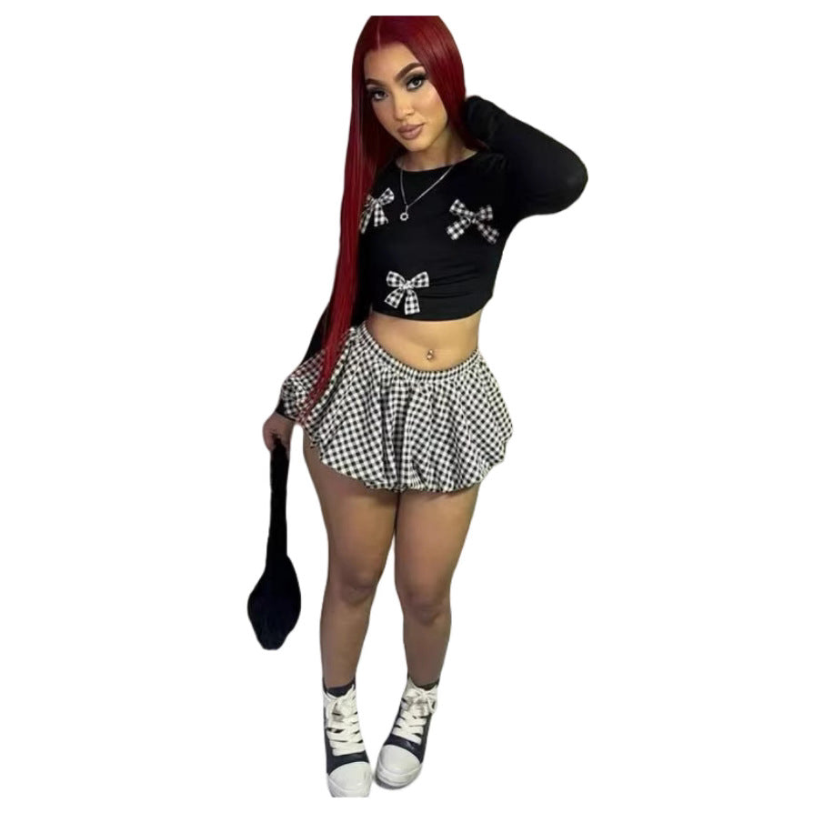 Bow Knot Long Sleeve Crop Top Shorts Two Piece Set 5