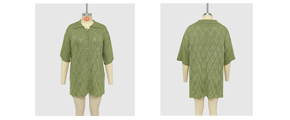 Women Spring Summer Turndown Collar Casual Short Sleeve Knitting Top 18