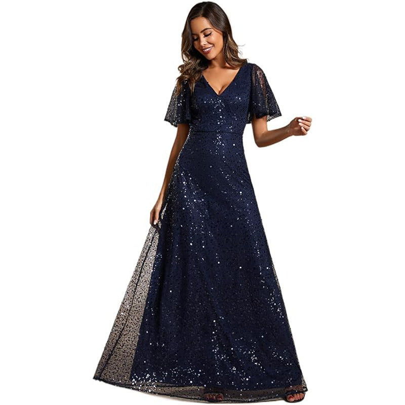 Plus Size V-Neck Ruffle Sleeve Shiny Sequin Evening Dress（Processing time need 3-6 days） 8
