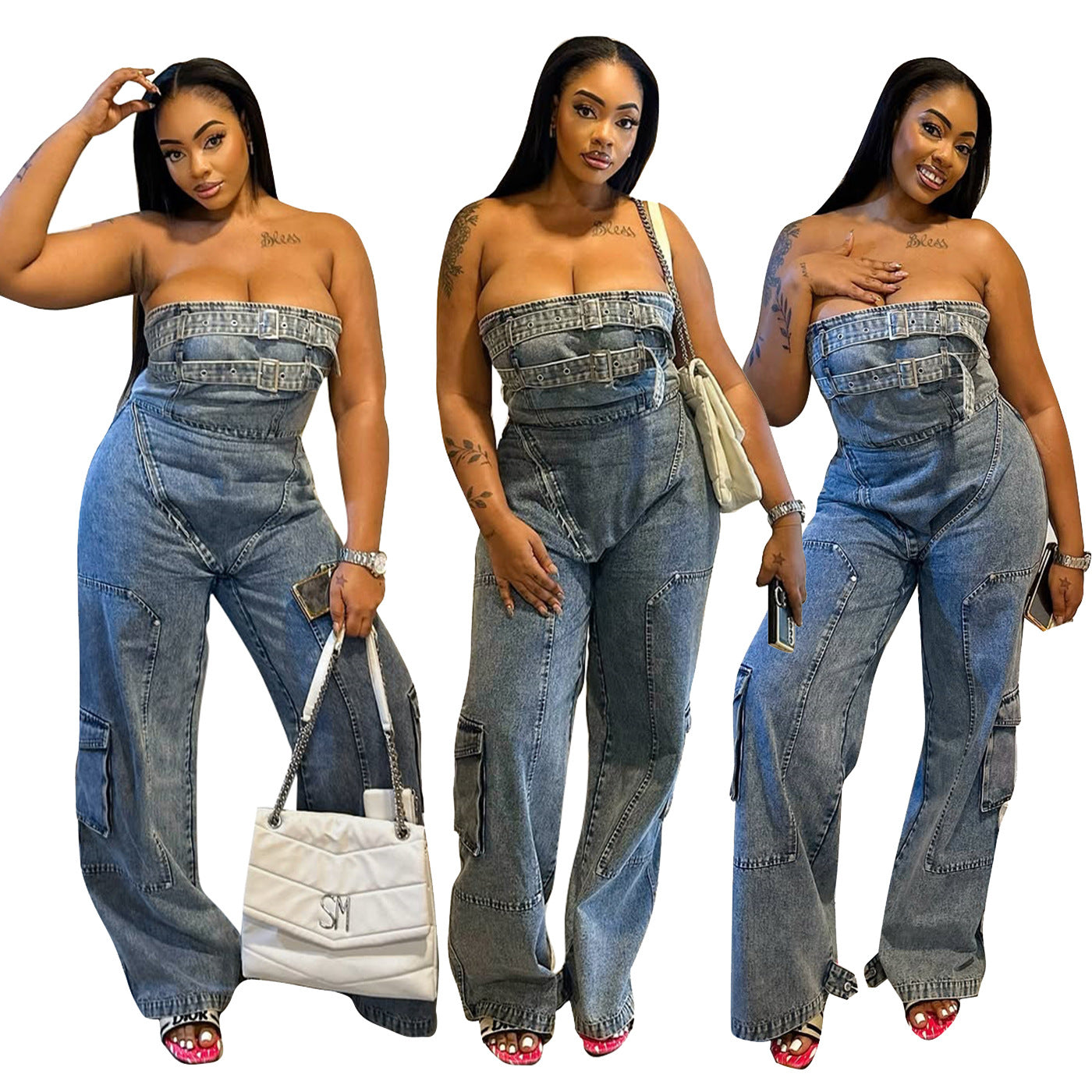 Spring/Summer Women’s Streetwear Strapless High-Waist Denim Jumpsuit 6