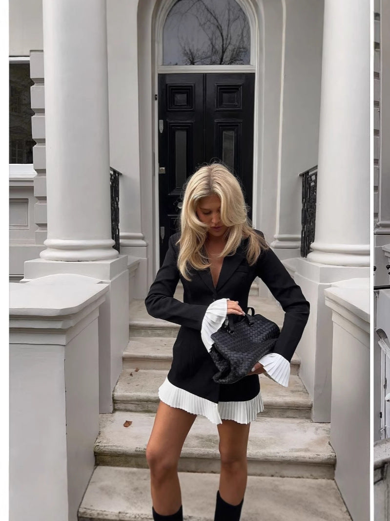 Women Spring and Summer Black and White Contrast Pleated Ruffle Blazer Dress 5