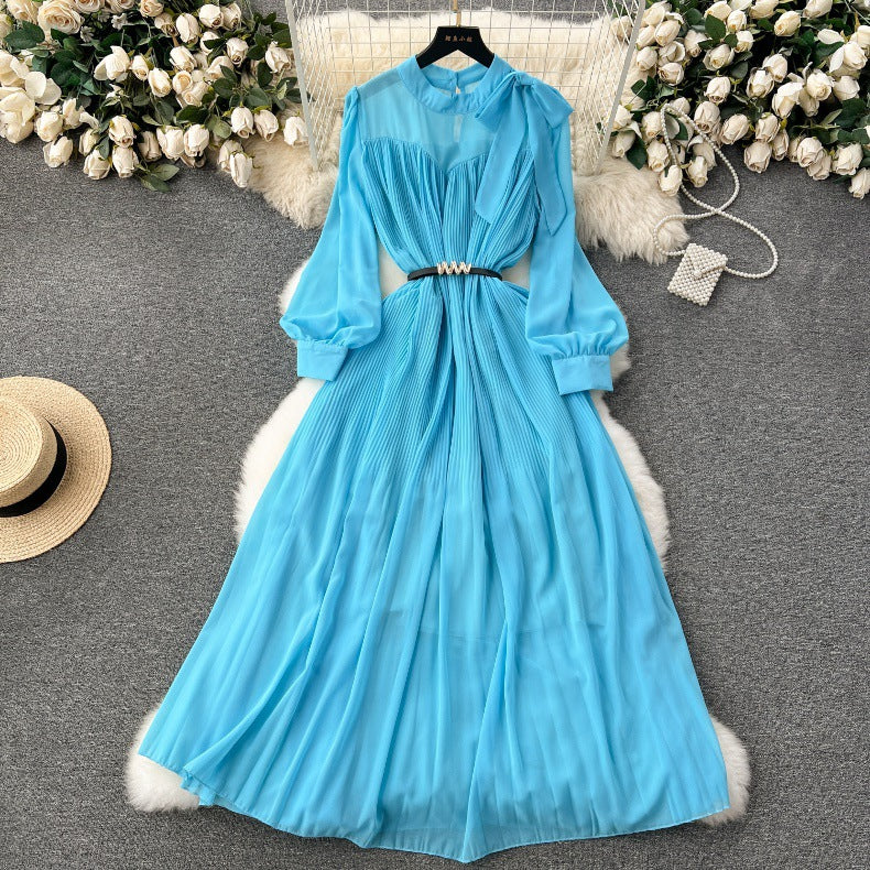 Spring Women's Bow Pleated Chiffon Puff Sleeve Long Dress 3