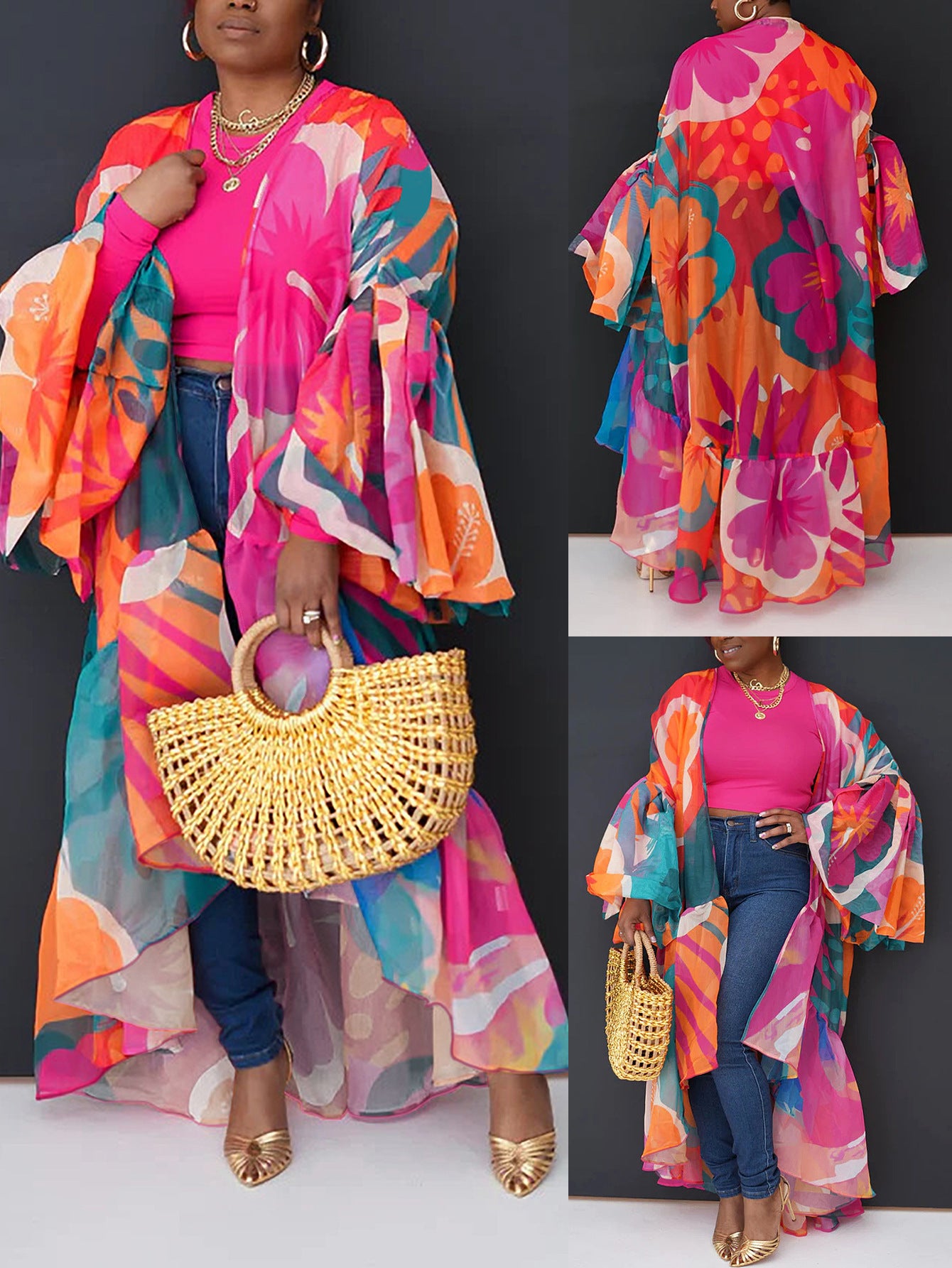 Casual Spring and Autumn Women's Lantern Sleeve Irregular Long Printed Coat 11