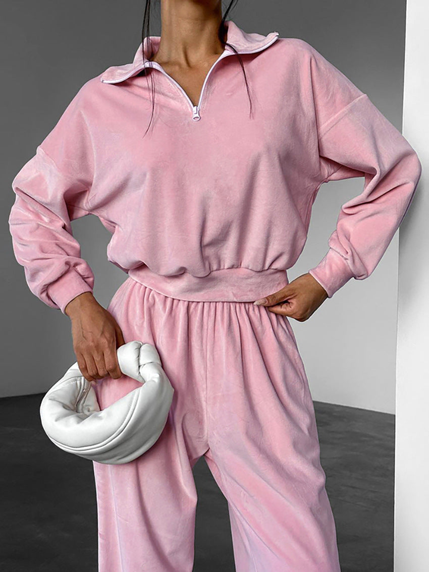 Pink Fashion Sports Suit Autumn Winter Zipper Turndown Collar Two-Piece Women Pants Set 3
