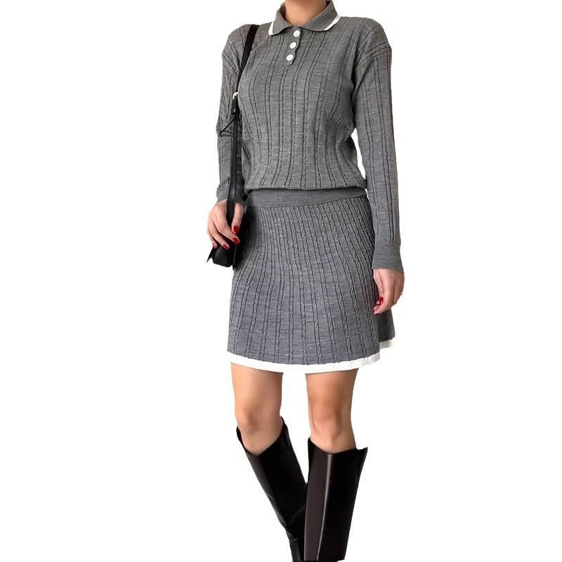 Women Knitting Long Sleeve Top and Skirt Two Piece Set 8