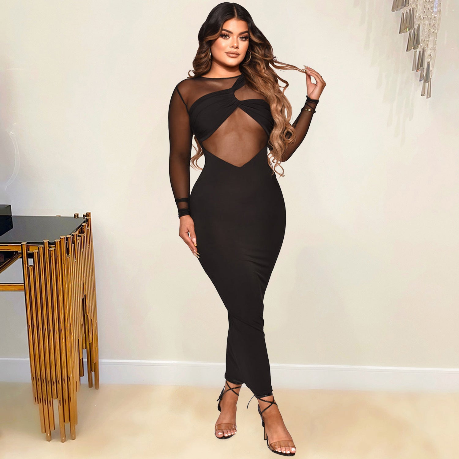 Women's Sexy Tight Fitting Mesh See-Through Solid Color Long Sleeve Dress 3