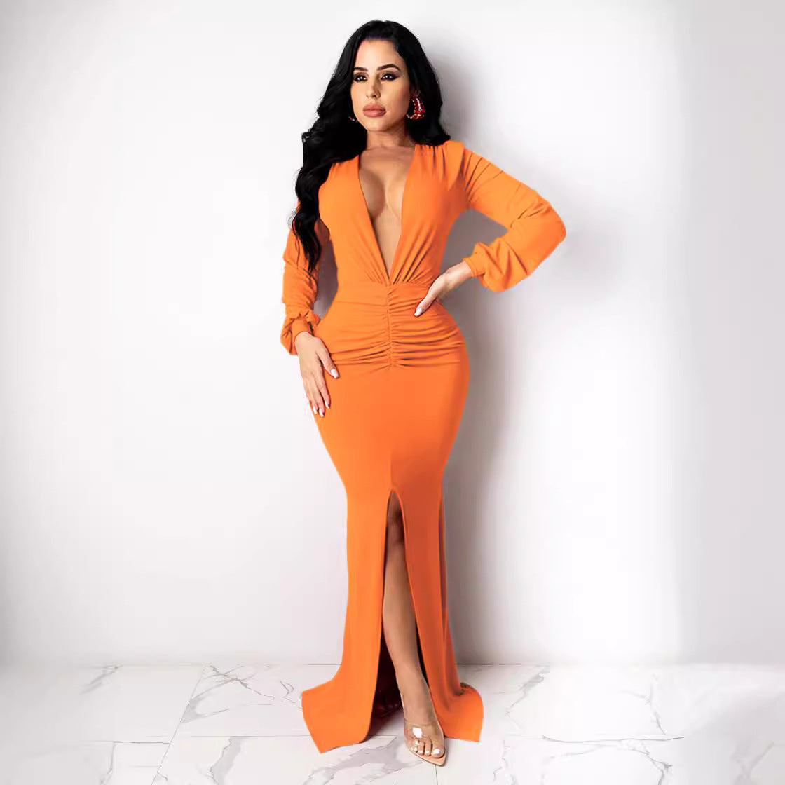 Women Solid V-neck Sexy Slit Long Sleeve Dress 8