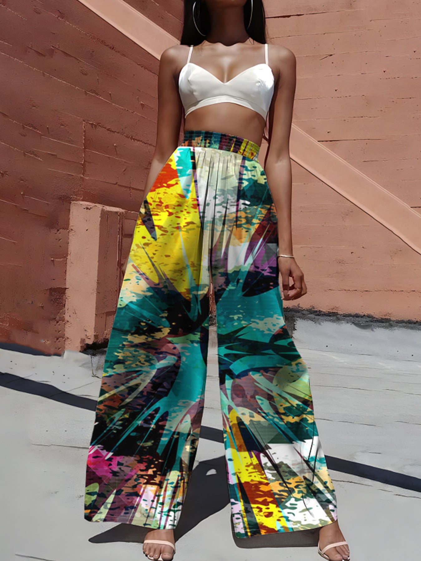 Spring and Summer Casual Print Slim Waist Wide Leg Pants