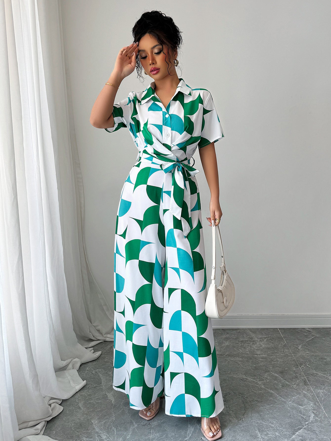 Women Elegant printed short-sleeved wide-leg jumpsuit 4