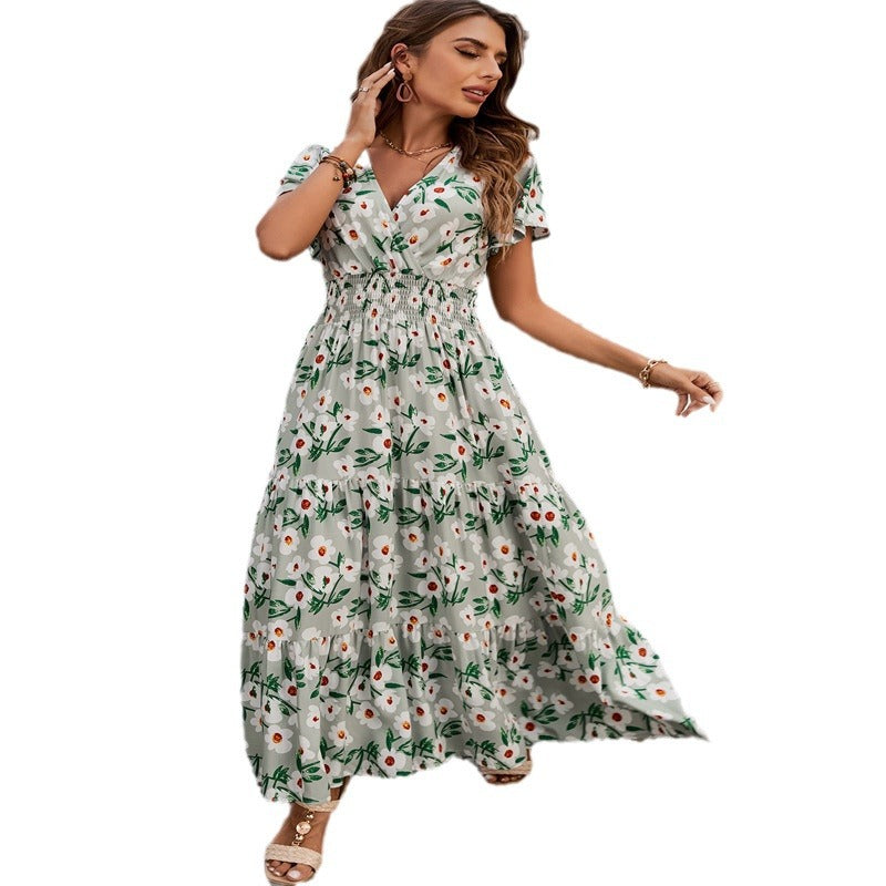 Women Summer V Neck Short Sleeve Printed Dress 6