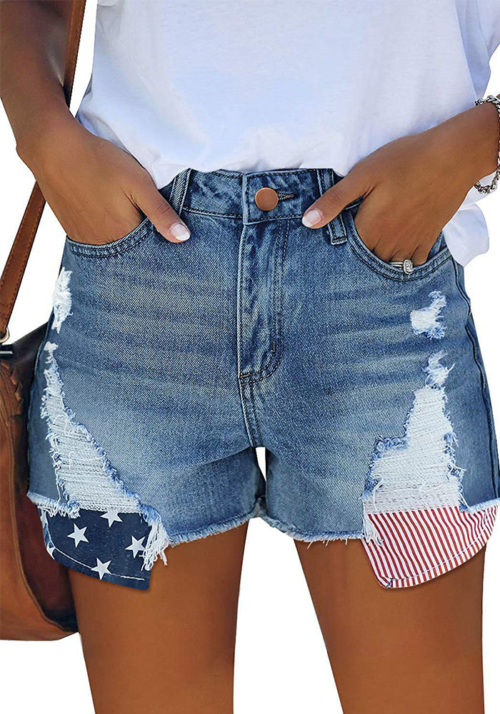 Women American Flag Ripped Tassel Denim Shorts