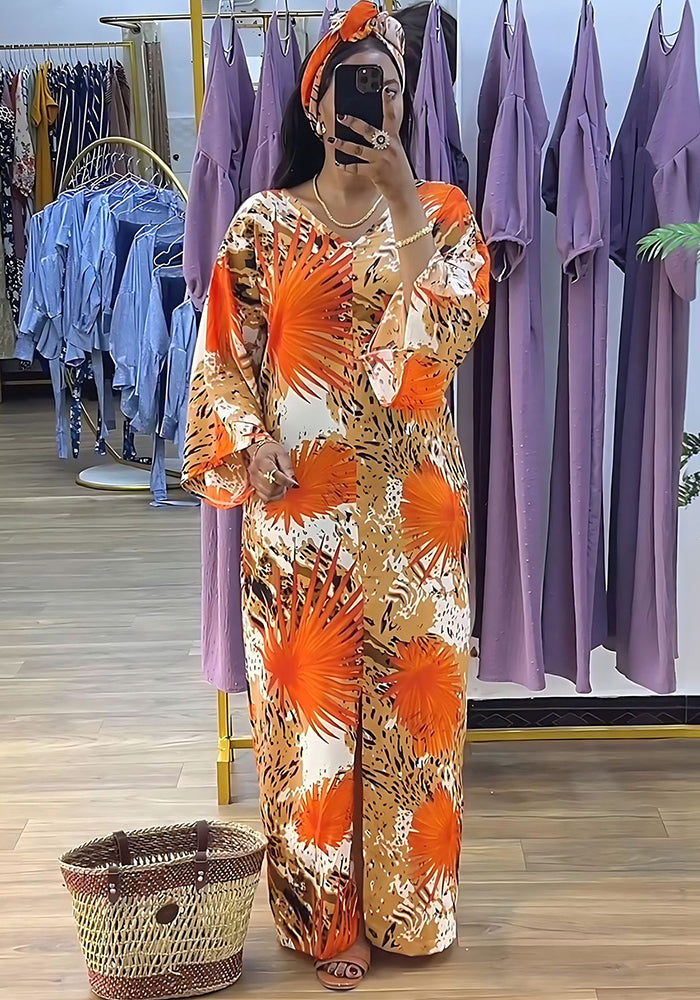 Fashion Print  V-Neck Long Sleeve Slit Casual Loose Long Dress