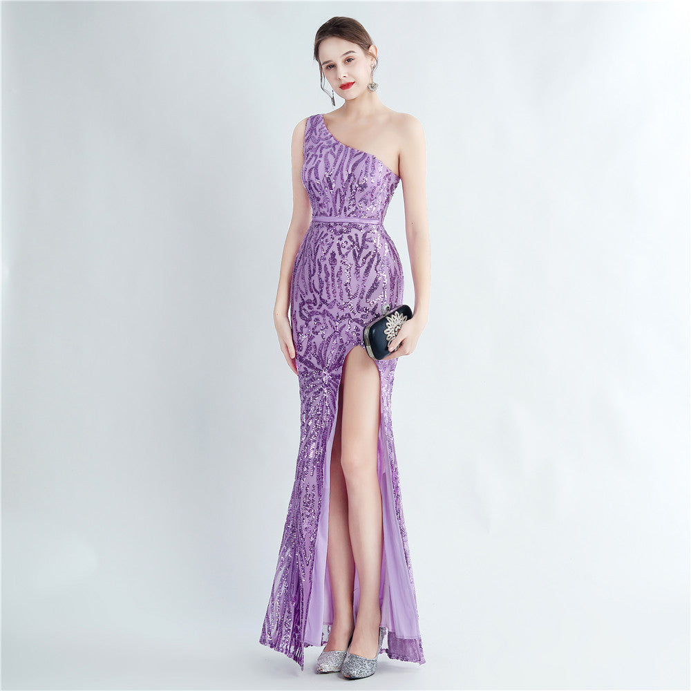 Positional Sequin One Shoulder Side Slit Long Evening Gown 3