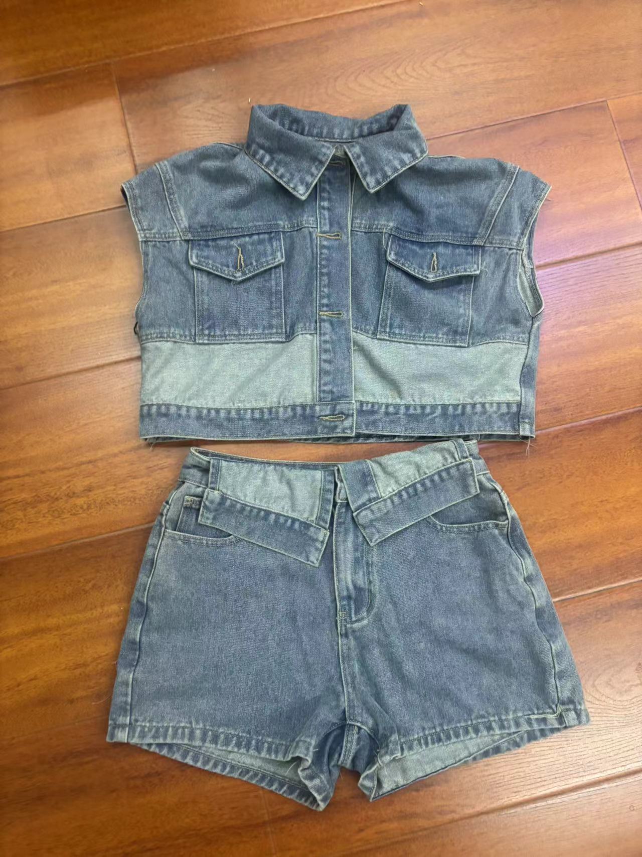 Women's fashion casual elastic denim color matching two-piece shorts set 7