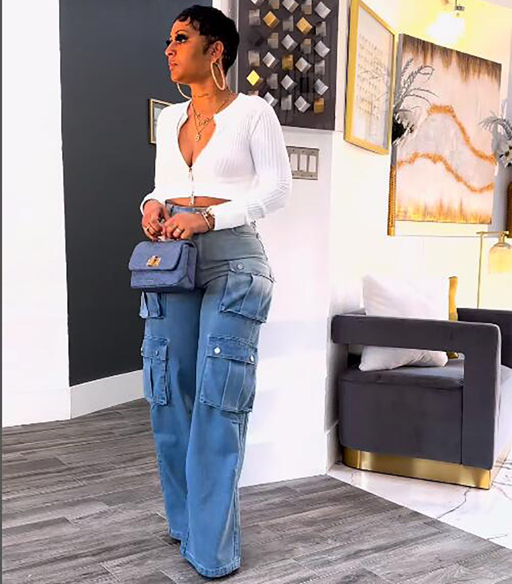 Women's High-Waist Multi-Pocket Gradient Denim Wide-Leg Pants 6