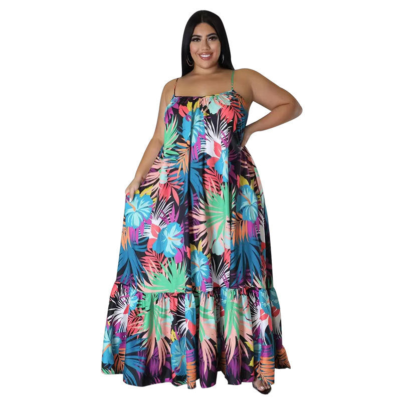 Plus Size Women Summer Sexy Off Shoulder Pleated Print Strap Dress 5