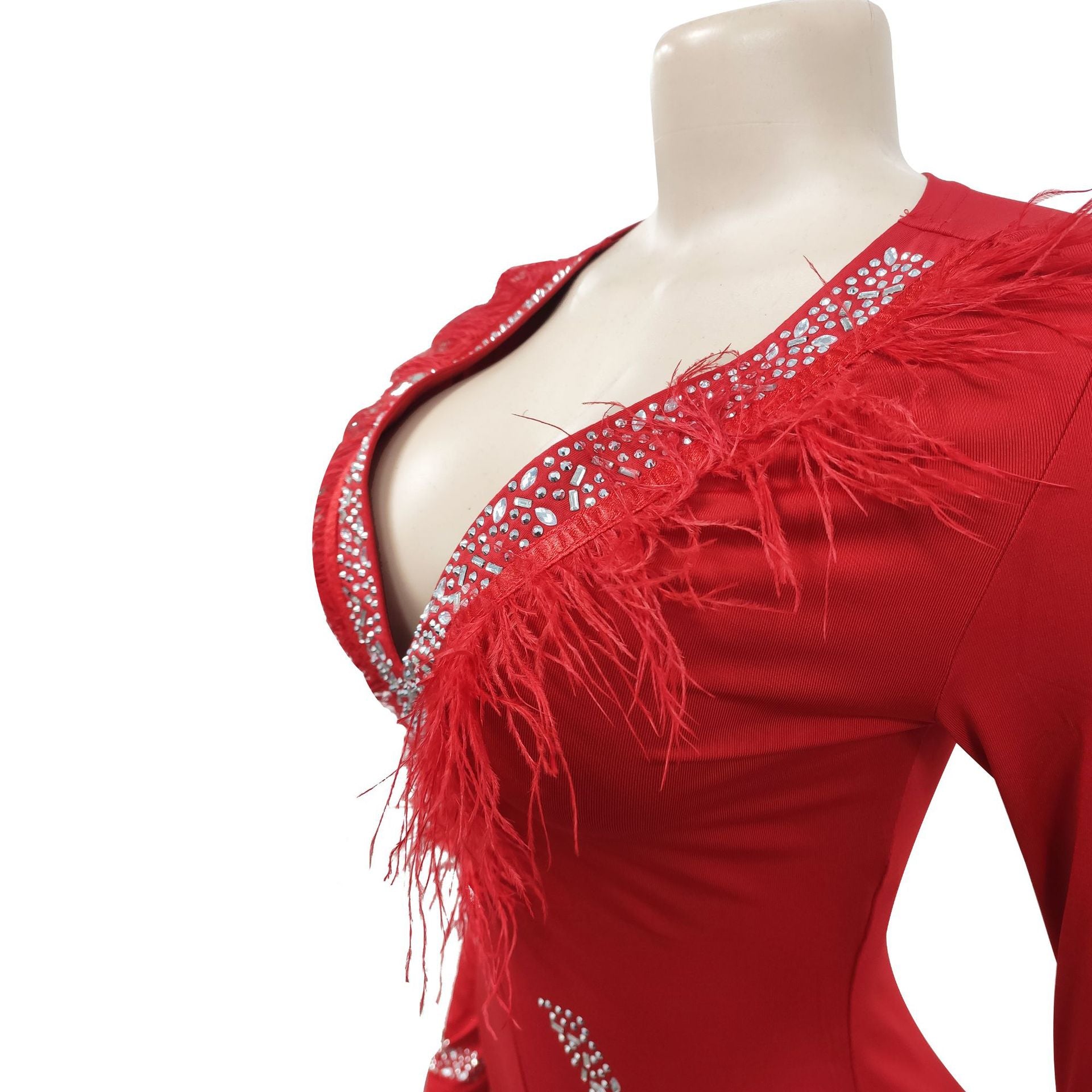 Women'S Fashion Feather Patchwork Beaded V-Neck Long Sleeve One Peice Trousers Sexy Ladies Jumpsuit 19