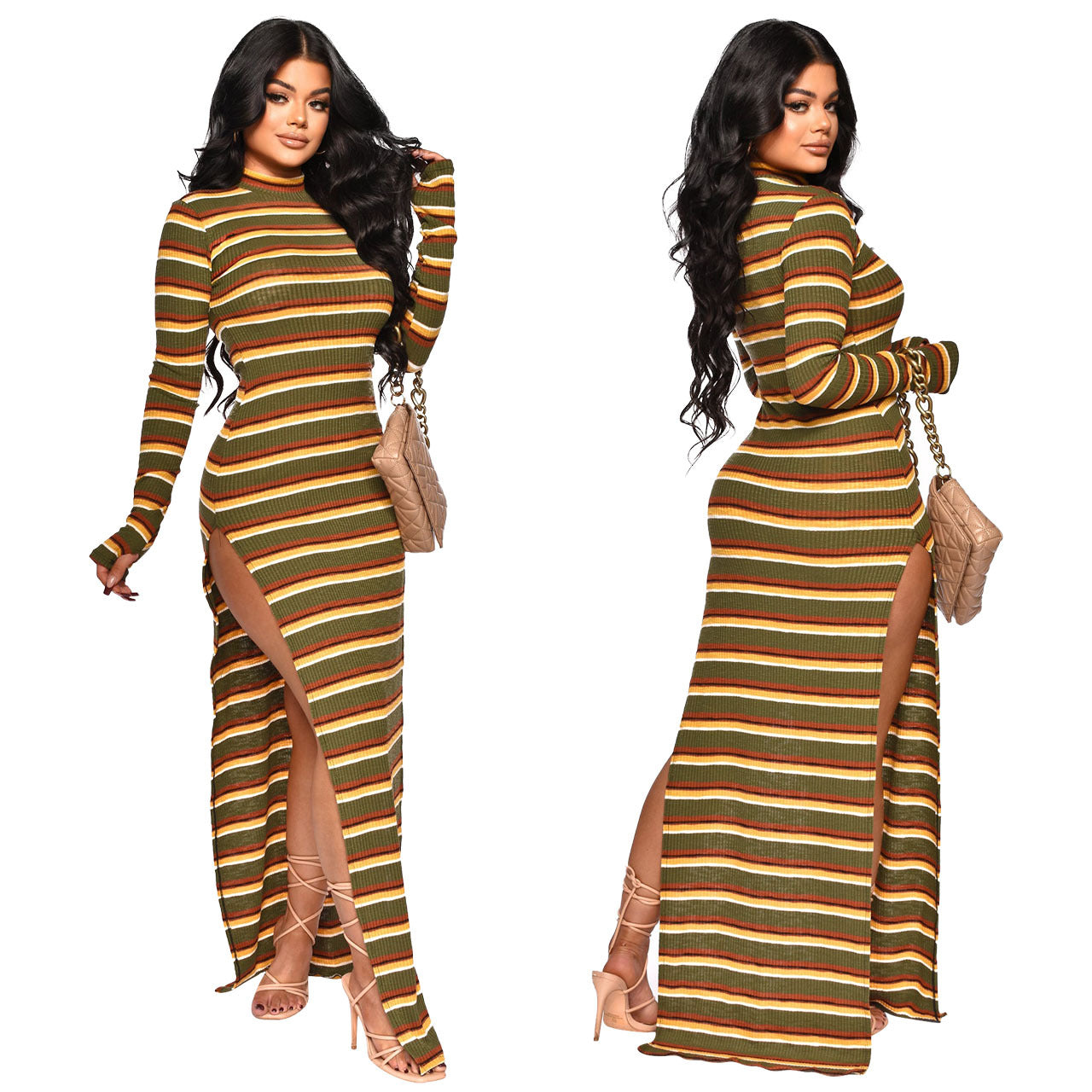 Women's Sexy Slit Ribbed Striped Dress 5