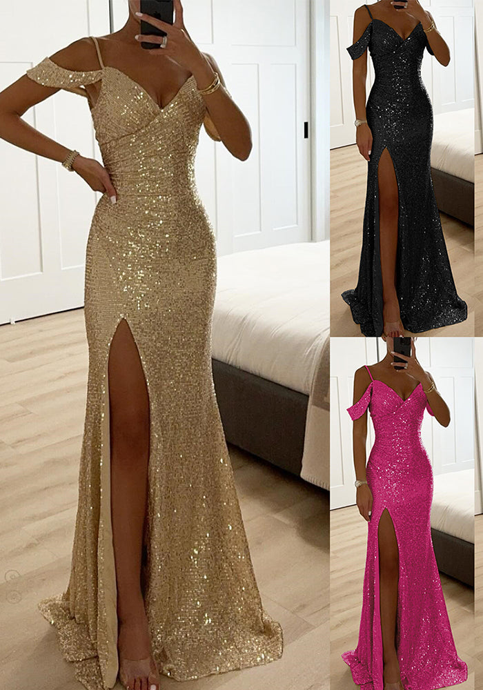 Women Suspender Sequin Slit Dress