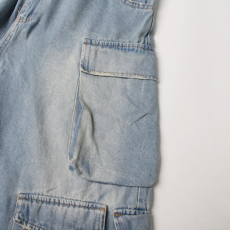 Women Street Style Strapless Pockets Denim Cargo Jumpsuit 14