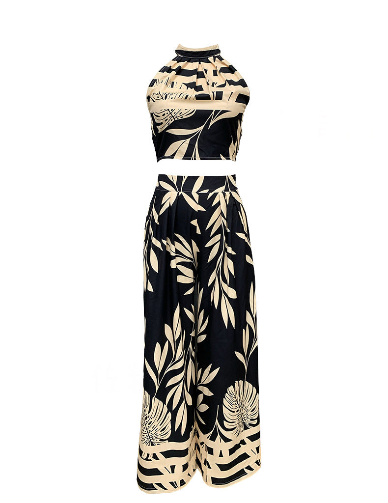 Spring Summer Women's Fashion Chic Print Halter Neck Low Back Top Straight Pants Two-Piece Set 6