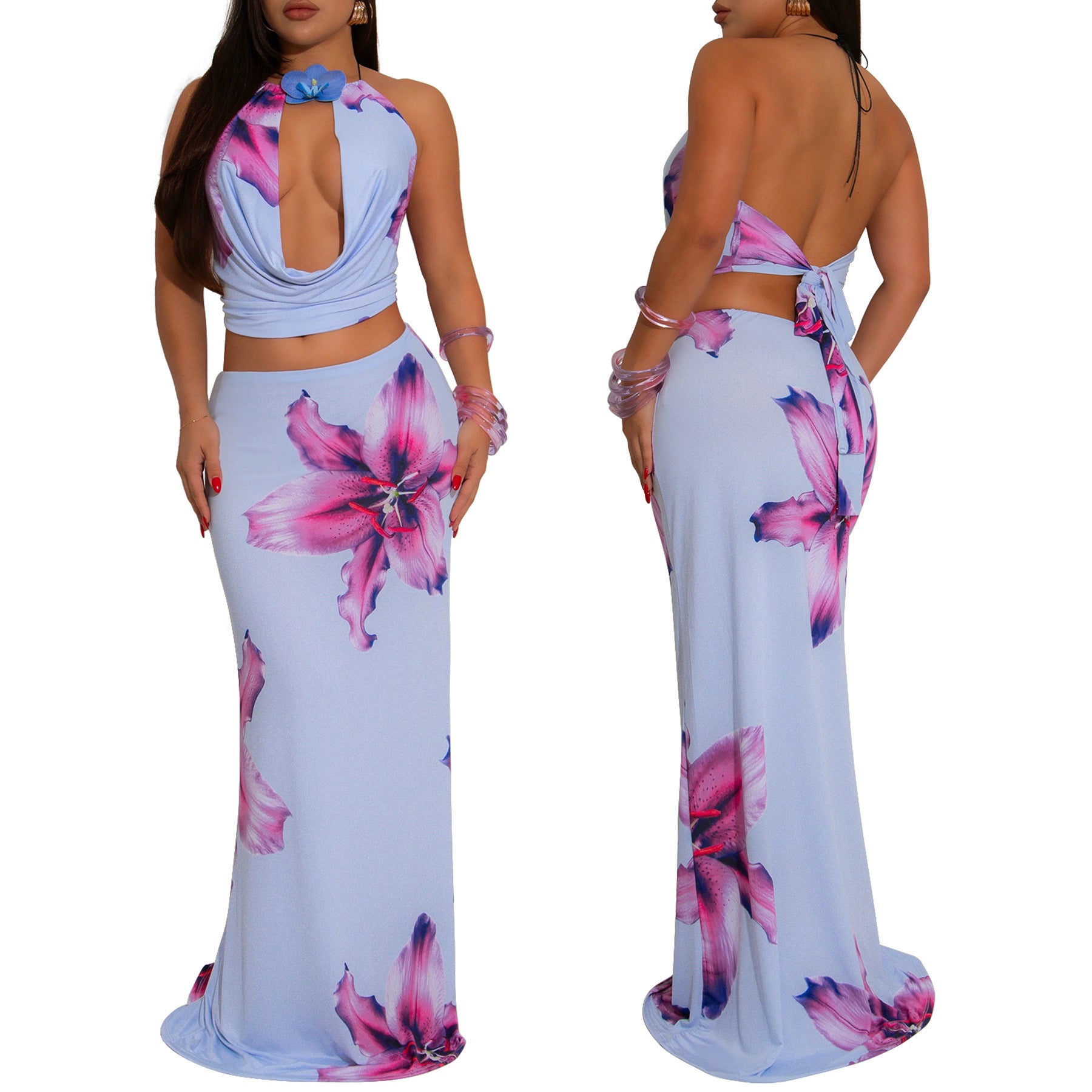 Women's sexy Draped collar low back halter neck slim fit print two piece skirt set 3