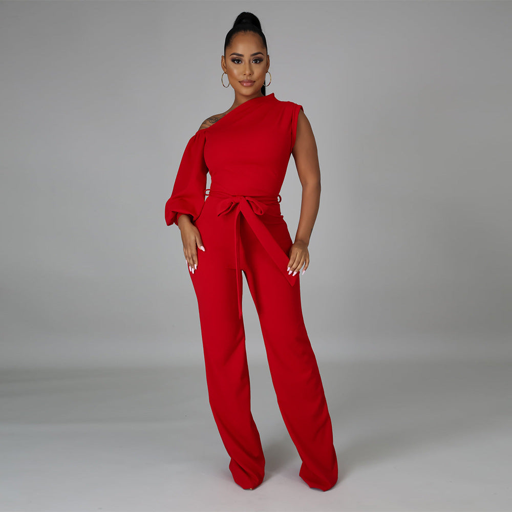 Women Solid Color One Shoulder Wide Leg Jumpsuit 10