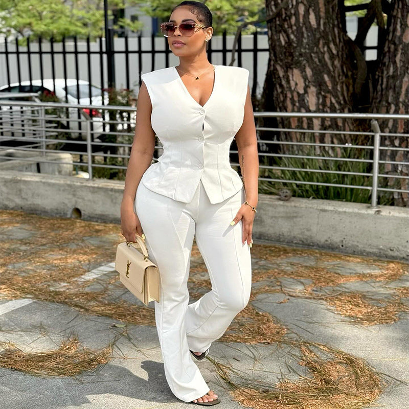 Women's Autumn Fashion V-Neck Button Slim Waist Vest Straight Leg Solid Color Pants Set 5