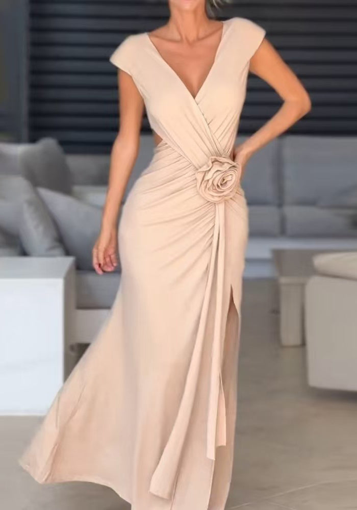 Women's Chic Elegant V-neck Sleeveless Slit Hollow Slim Waist Slim Evening Dress